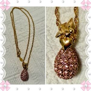 Necklace - vintage Joan Rivers faberge egg Pink pave Crystals bird dove heart